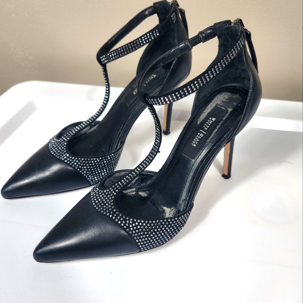 White House Black Market Auden Black Leather Gem T-strap Heels - sz 6 Shiny